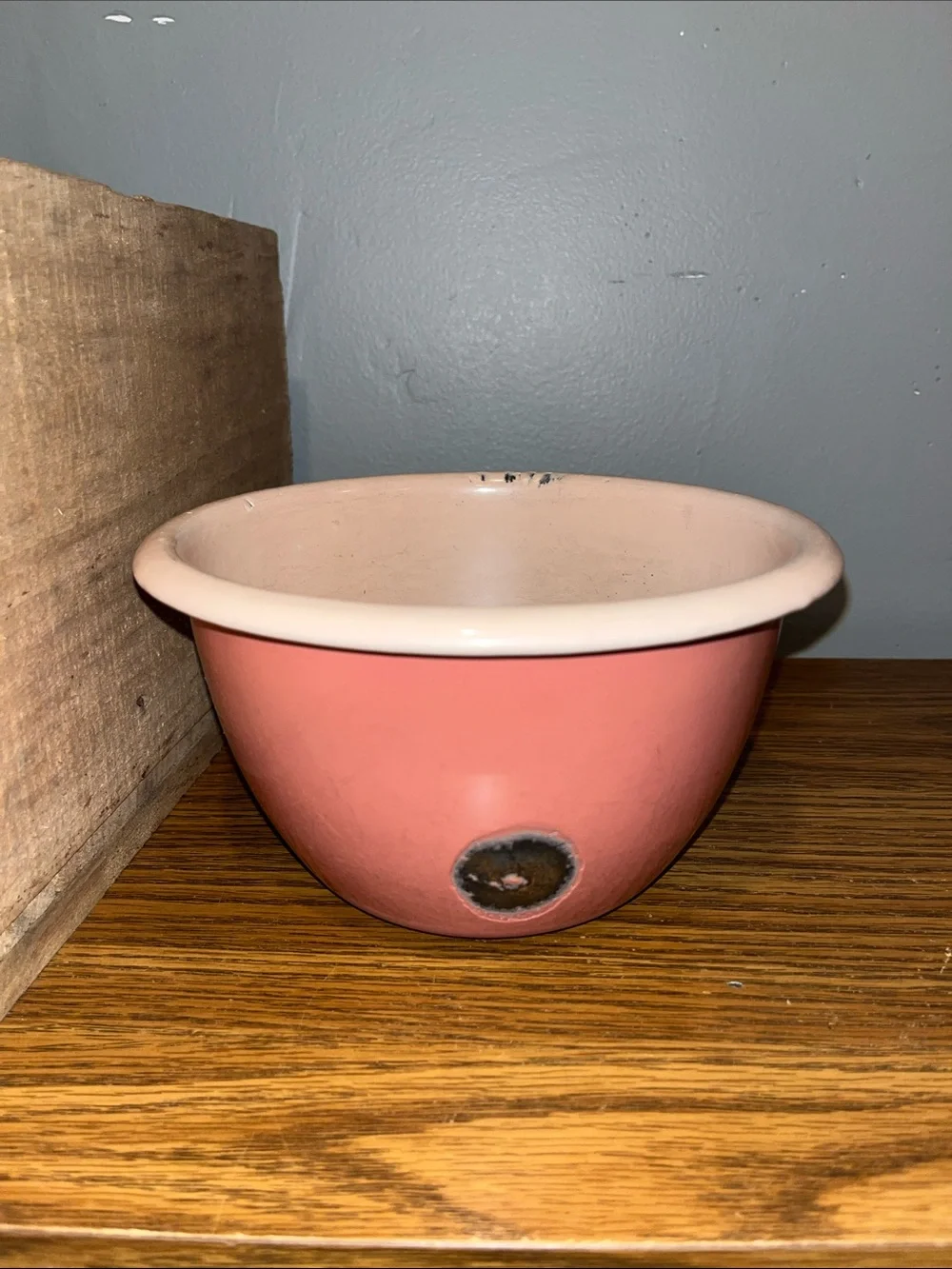 Vintage Primitive Thick Metal Enamelware Pink Mixing Bowl 7